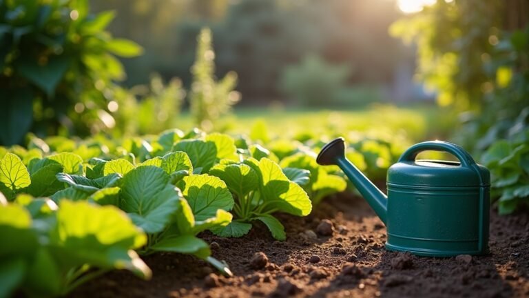 Healthy Australian backyard garden bed with a watering can in morning light