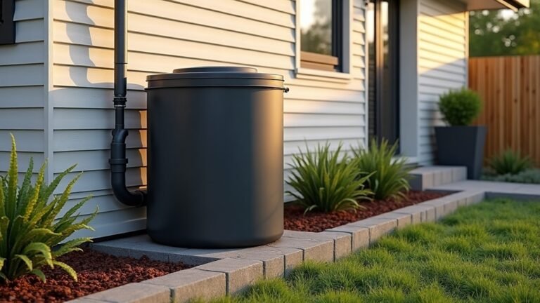 Slimline rainwater tank beside an Australian home with downpipe and garden beds