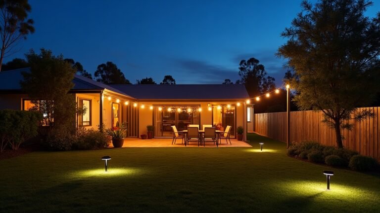 Australian backyard lit at dusk with warm festoon and solar path lights