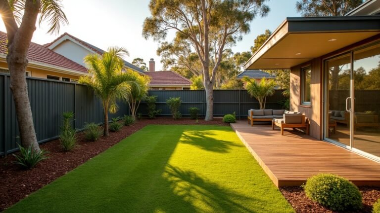 Australian suburban backyard in late afternoon light with lawn, garden beds, a timber deck and gum trees along the fence