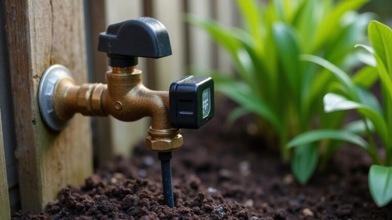 A garden tap timer and drip irrigation line fitted to an outdoor tap in a mulched Australian garden bed