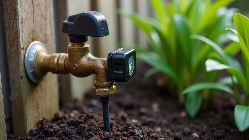 A garden tap timer and drip irrigation line fitted to an outdoor tap in a mulched Australian garden bed