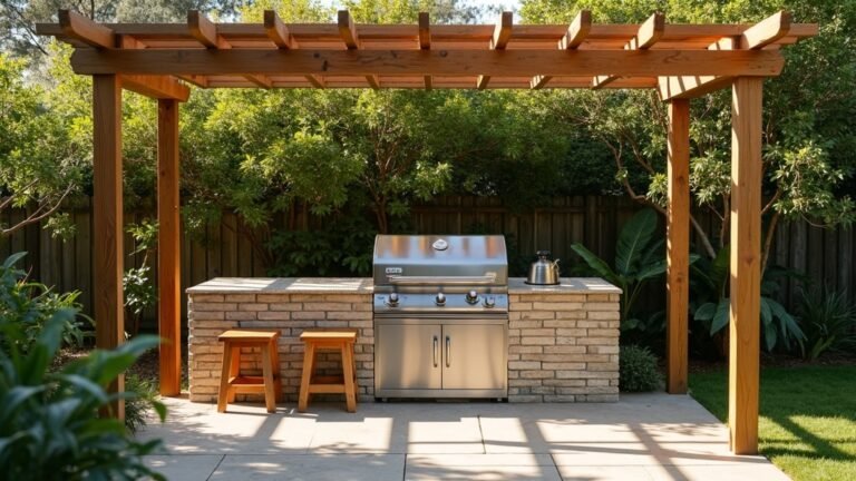 Covered gas barbecue and stone prep bench under a timber pergola in an Australian backyard