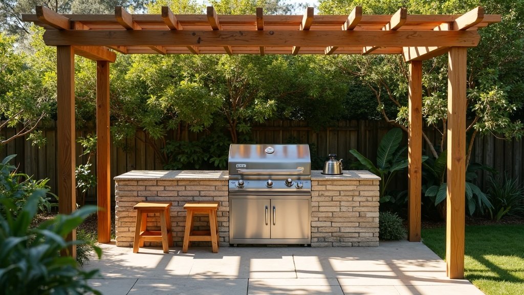 Covered gas barbecue and stone prep bench under a timber pergola in an Australian backyard