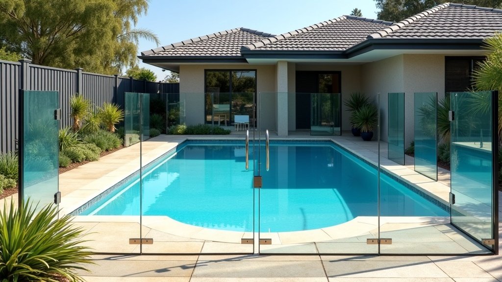 Australian backyard swimming pool enclosed by a frameless glass pool-safety fence with a self-closing gate