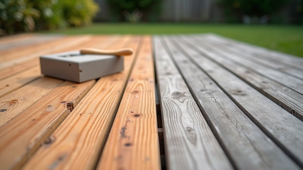 Timber deck mid-restoration, one half freshly sanded and oiled and the other still weathered grey, with a sanding block resting on the boards