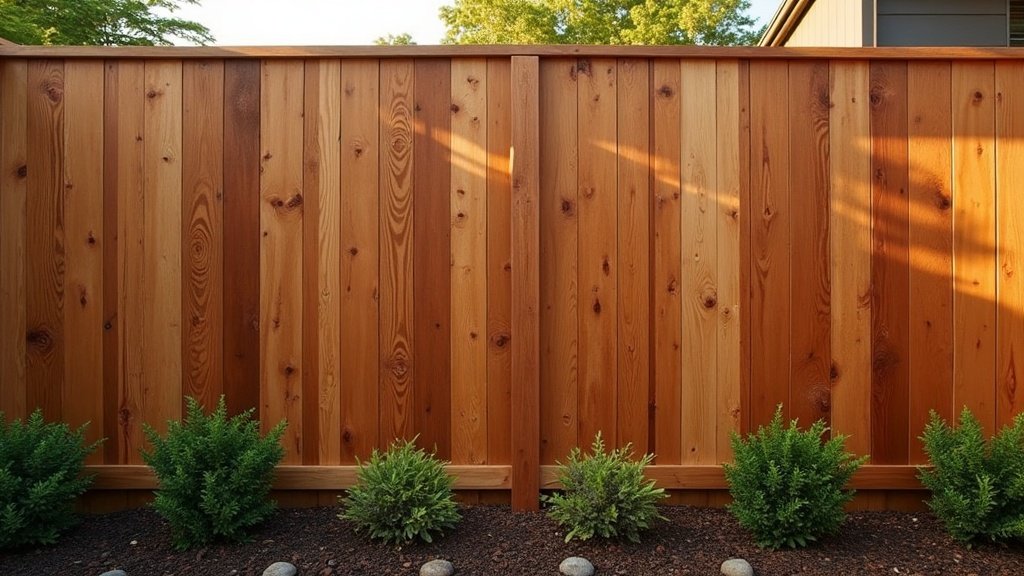 Freshly oiled hardwood timber boundary fence in an Australian backyard, rich grain in warm afternoon light, garden bed of green shrubs at the base