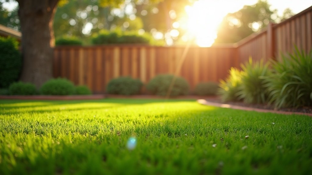 Lush green Australian backyard lawn in warm afternoon light with a timber fence, shade tree and garden bed edge