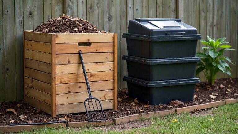 A timber compost bay filled with dark crumbly compost next to a stacked black worm farm tower in an Australian backyard