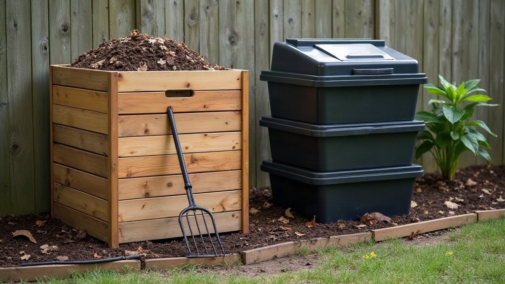 A timber compost bay filled with dark crumbly compost next to a stacked black worm farm tower in an Australian backyard