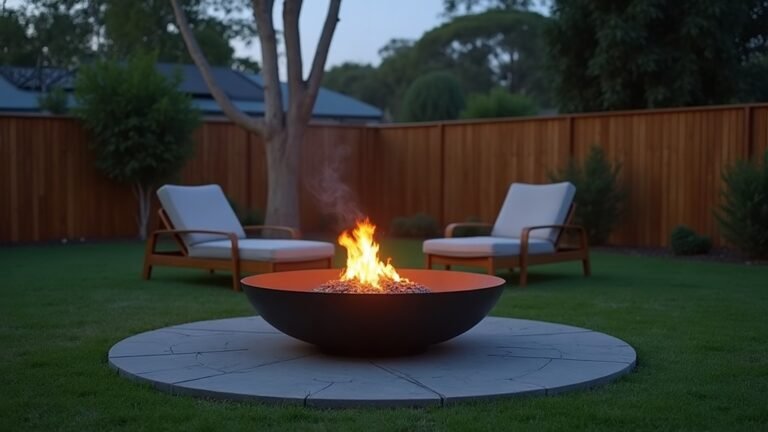 Round steel fire pit burning on a circular concrete paver base surrounded by lawn in an Australian backyard at dusk