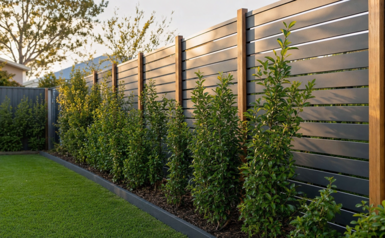 Modern slatted timber screening panel alongside a young dense hedge in an Australian backyard