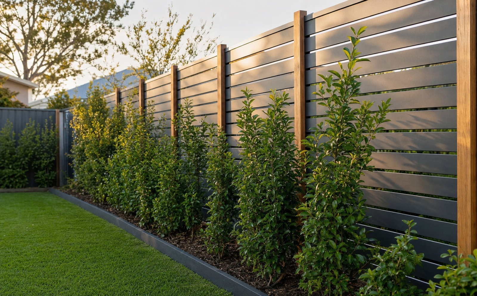 Modern slatted timber screening panel alongside a young dense hedge in an Australian backyard