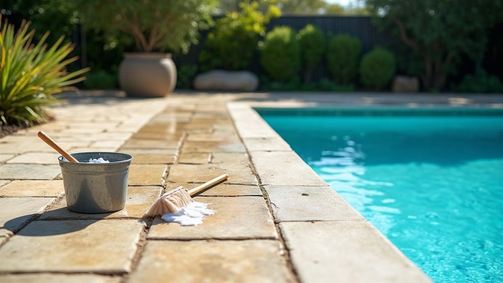 Australian backyard paved pool surround being cleaned, one section brighter than the grimy section beside it, next to a clear blue pool