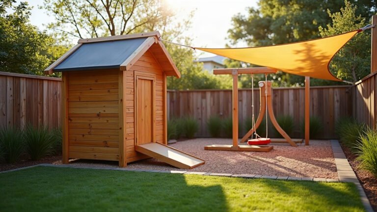 Timber cubby house, swing set and orange shade sail on gravel soft-fall surface in an Australian backyard play zone