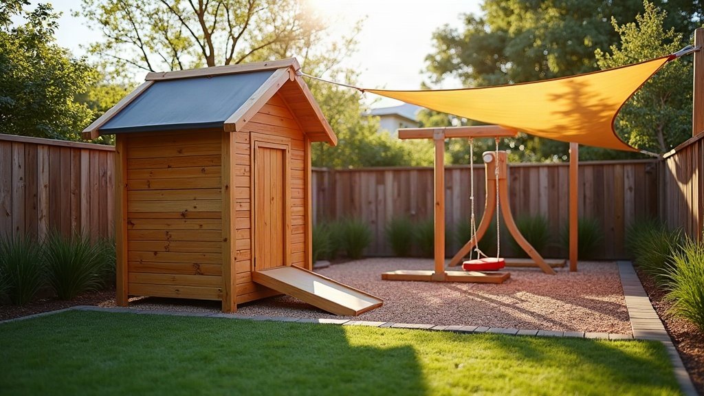 Timber cubby house, swing set and orange shade sail on gravel soft-fall surface in an Australian backyard play zone