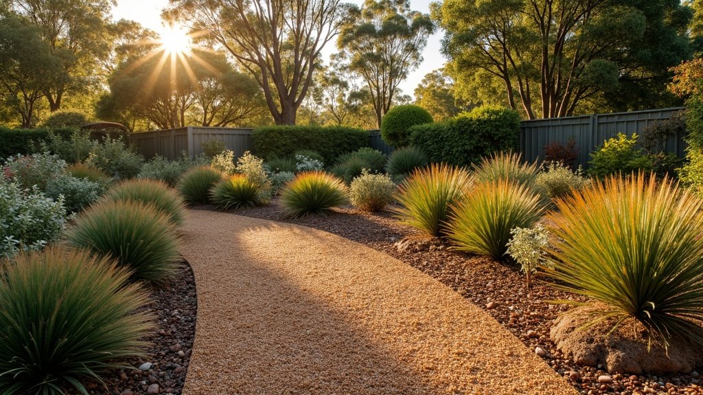 Low-maintenance Australian native garden bed with hardy grasses and shrubs in mulched beds, gum trees behind