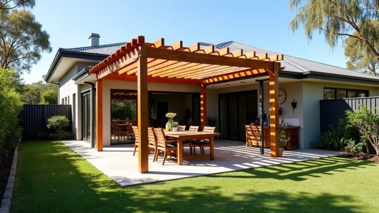 Timber pergola with open rafter battens shading an outdoor dining table beside a solid roofed patio in an Australian backyard