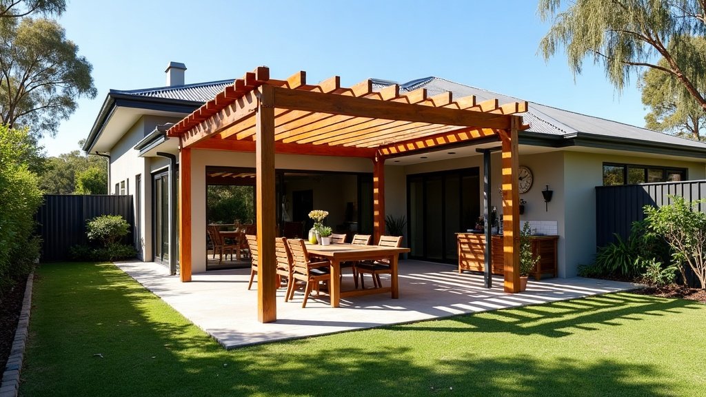 Timber pergola with open rafter battens shading an outdoor dining table beside a solid roofed patio in an Australian backyard