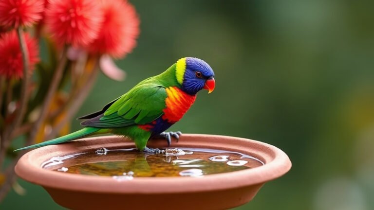 A rainbow lorikeet drinking from a terracotta bird bath surrounded by flowering red bottlebrush in an Australian backyard garden.