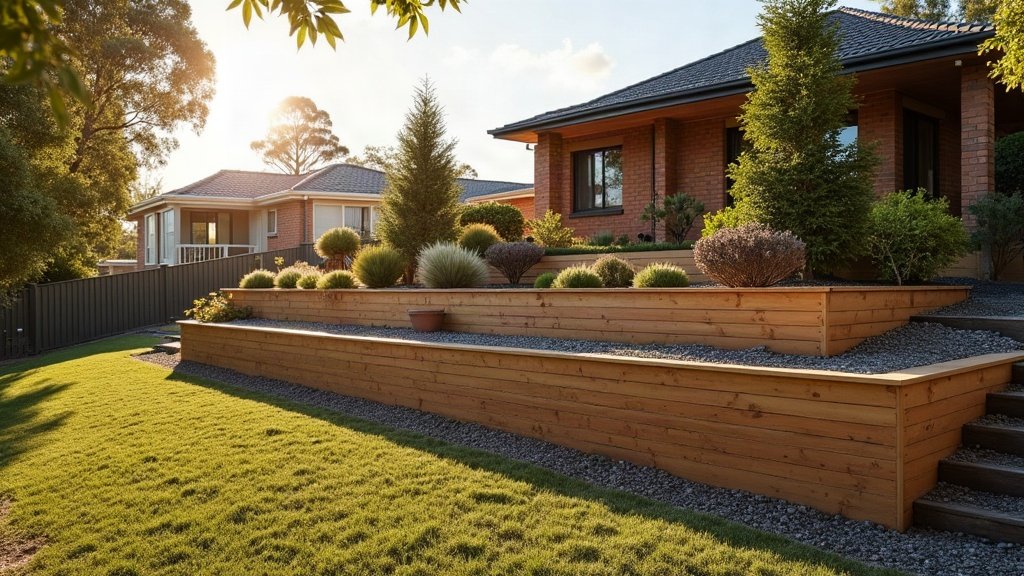 Timber-sleeper retaining wall on a sloping Australian backyard holding back a raised garden terrace with gravel drainage at the base