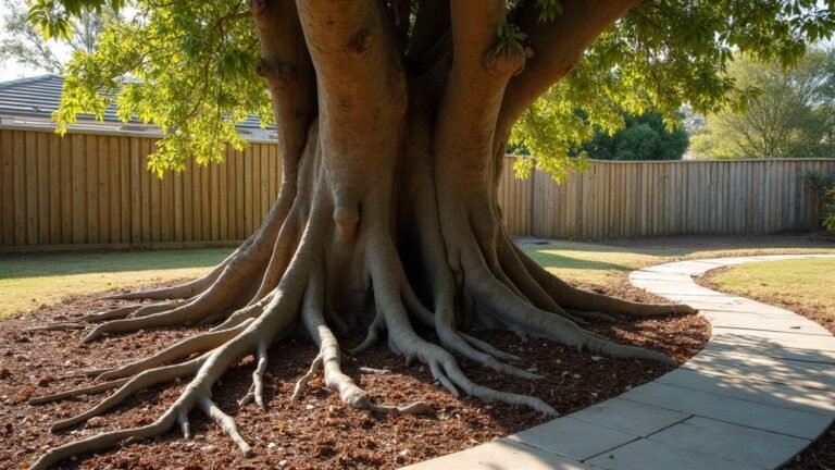 Exposed surface roots of a large established tree spreading across a mulched garden bed toward a paved path in an Australian backyard