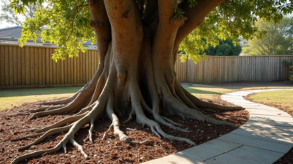 Exposed surface roots of a large established tree spreading across a mulched garden bed toward a paved path in an Australian backyard
