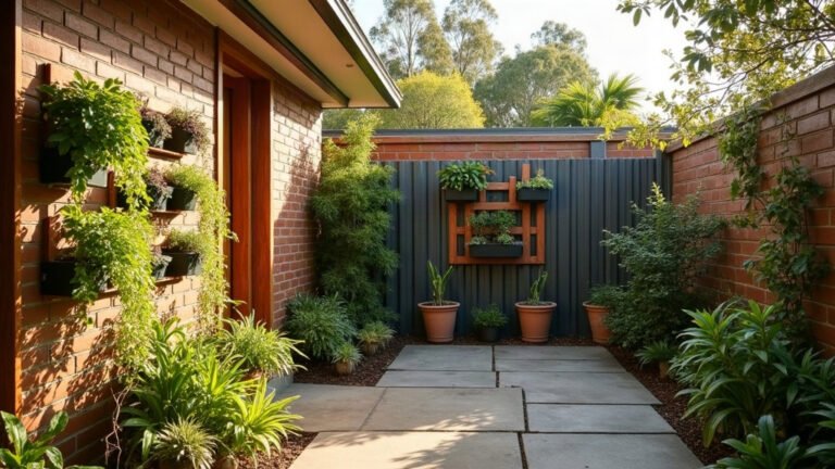 Wall-mounted vertical garden planter system with trailing plants and herbs on a small Australian backyard courtyard fence