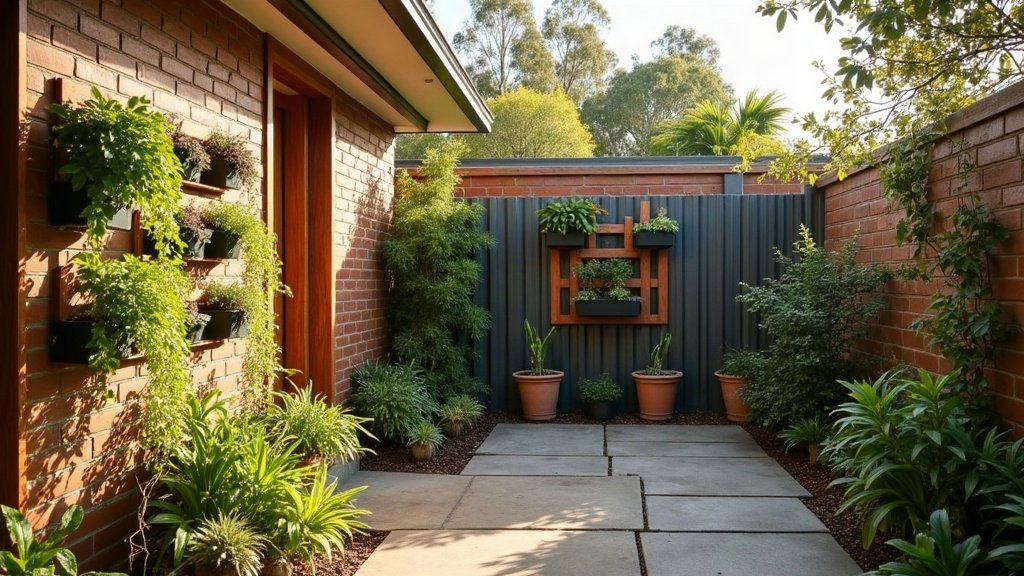 Wall-mounted vertical garden planter system with trailing plants and herbs on a small Australian backyard courtyard fence