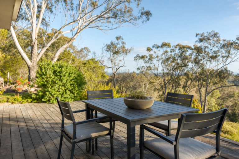 Charcoal powder coated aluminium outdoor dining setting with cushions on a weathered timber deck, gum trees and Australian bushland behind