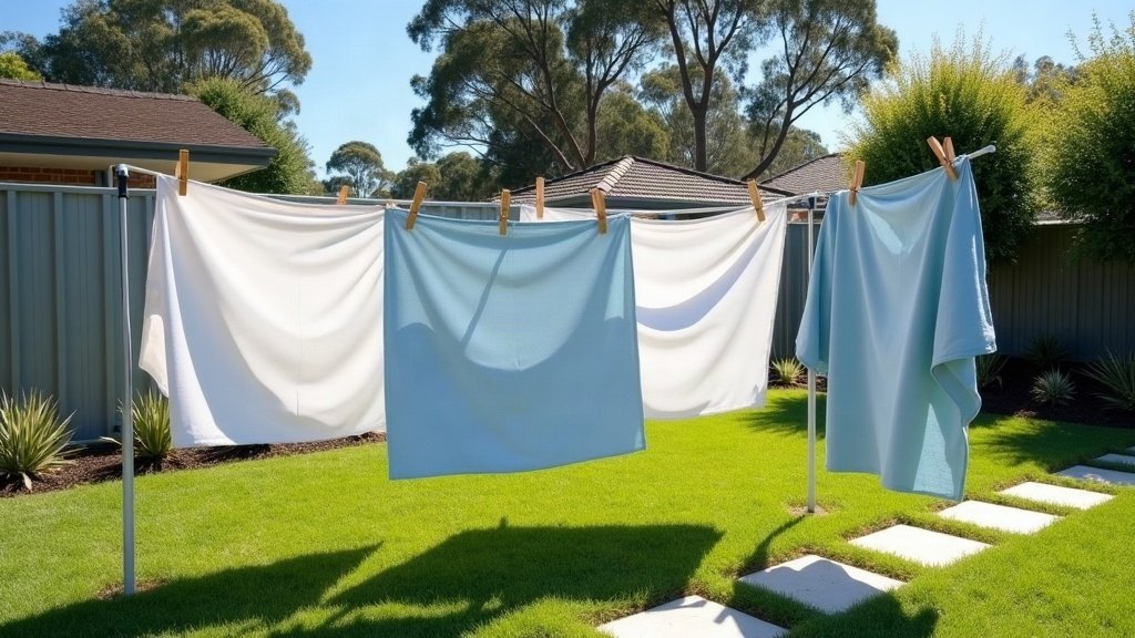 Plain white sheets and pale blue towels pegged on a clothesline in a sunny Australian backyard, with stepping stones across the lawn and eucalypts behind