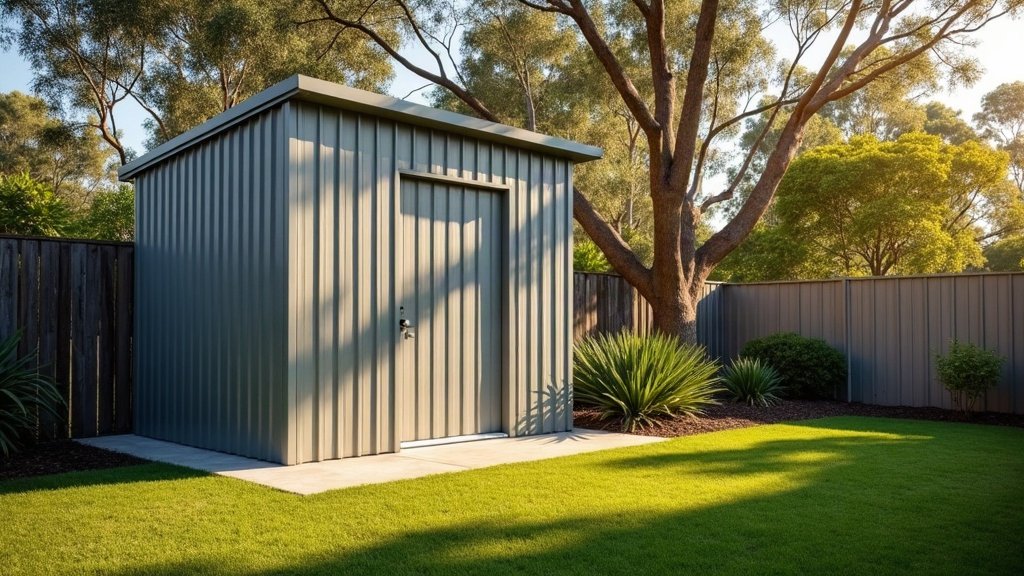 Colorbond garden shed on a concrete slab in an Australian backyard beside a mown lawn and native garden bed