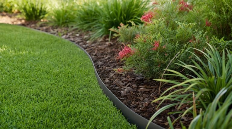 Curved dark steel garden edging separating a green couch lawn from a bark-mulched native garden bed