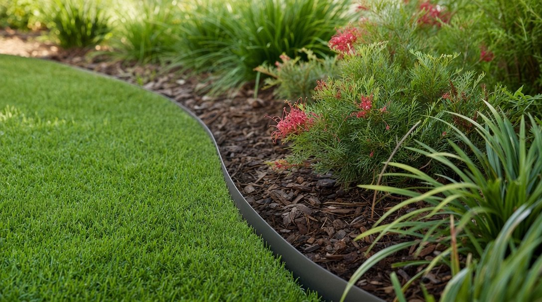 Curved dark steel garden edging separating a green couch lawn from a bark-mulched native garden bed