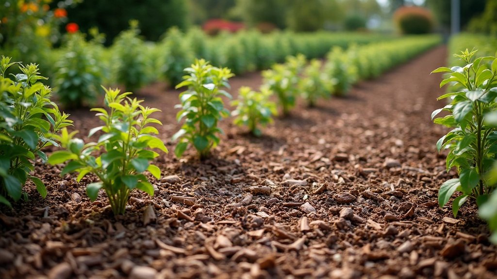 Evenly spread bark mulch across an Australian garden bed with clear gaps left around each plant stem