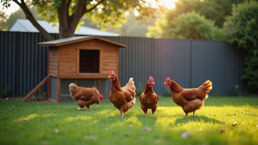 Four brown hens on green grass in an Australian backyard beside a raised timber chicken coop with a mesh run and a dark colorbond fence behind