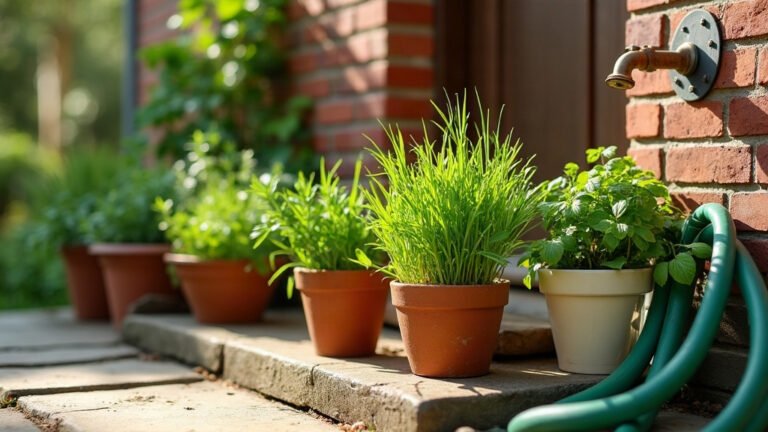 Terracotta pots of chives, parsley and other kitchen herbs lined up on a paved step beside a brick back door, with a garden tap and green hose close by