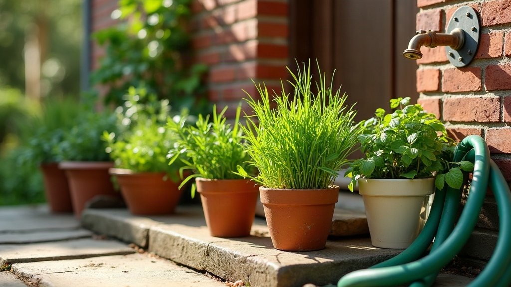 Terracotta pots of chives, parsley and other kitchen herbs lined up on a paved step beside a brick back door, with a garden tap and green hose close by