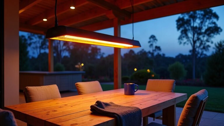 Electric infrared patio heater glowing above an outdoor timber dining table under a pergola at dusk, with eucalypts behind