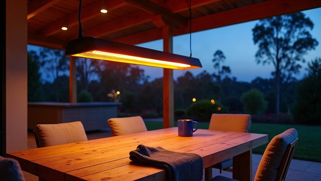 Electric infrared patio heater glowing above an outdoor timber dining table under a pergola at dusk, with eucalypts behind