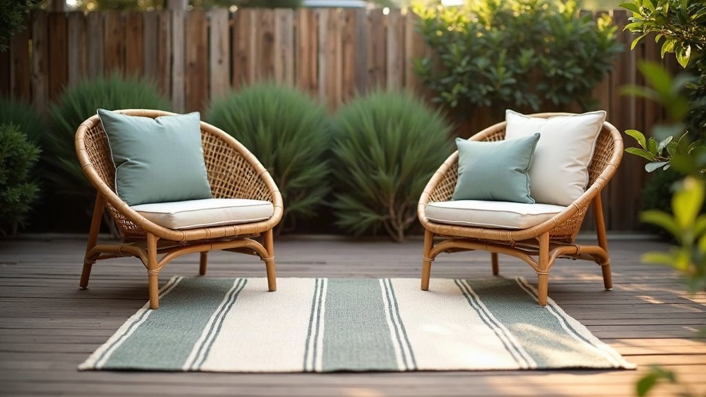 Flat-woven striped outdoor rug on a timber deck with two rattan chairs carrying outdoor cushions