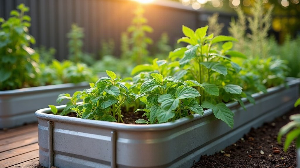 Galvanised raised garden bed planted with leafy greens and herbs on an Australian backyard timber deck