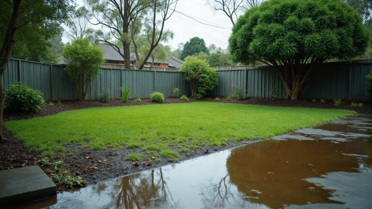 Standing water pooling across a wet suburban Australian backyard lawn after heavy rain, beside a timber fence and garden beds.