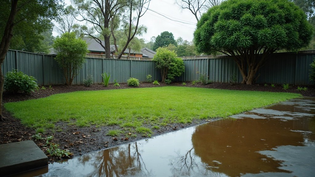 Standing water pooling across a wet suburban Australian backyard lawn after heavy rain, beside a timber fence and garden beds.