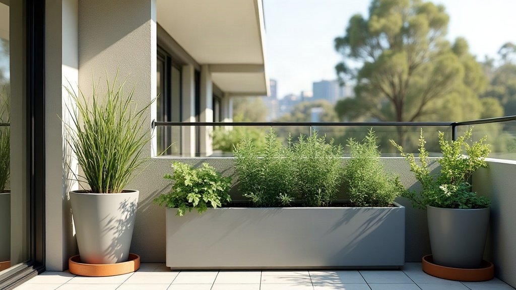 Apartment balcony garden with a long grey trough of herbs, a tall pot of native grass and a pot of flowering shrubs on terracotta saucers, glass balustrade and eucalypts beyond
