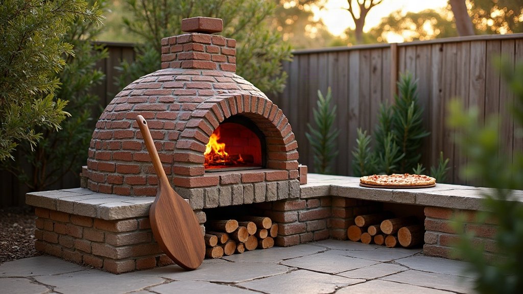 Brick dome wood-fired pizza oven with a fire burning inside, built into a paved backyard patio with split hardwood stacked underneath, a timber pizza peel and a pizza on the stone bench