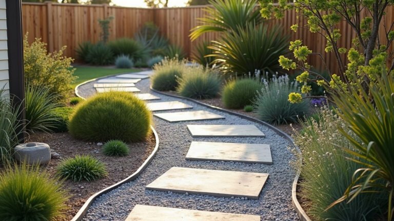 Curving gravel garden path with sandstone stepping stones, steel edging and native plants beside a timber fence