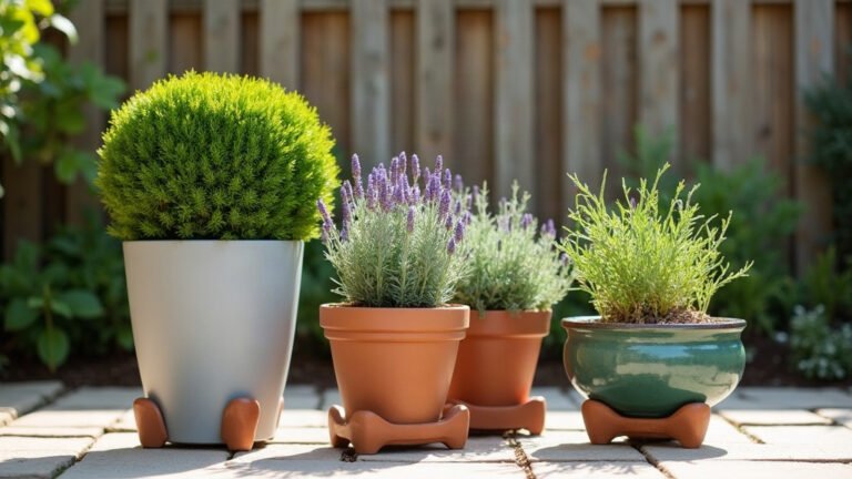 Group of outdoor pots on a paved patio: a pale fibreglass pot with a clipped shrub, terracotta pots of lavender and herbs, and a glazed green pot, each raised on terracotta pot feet