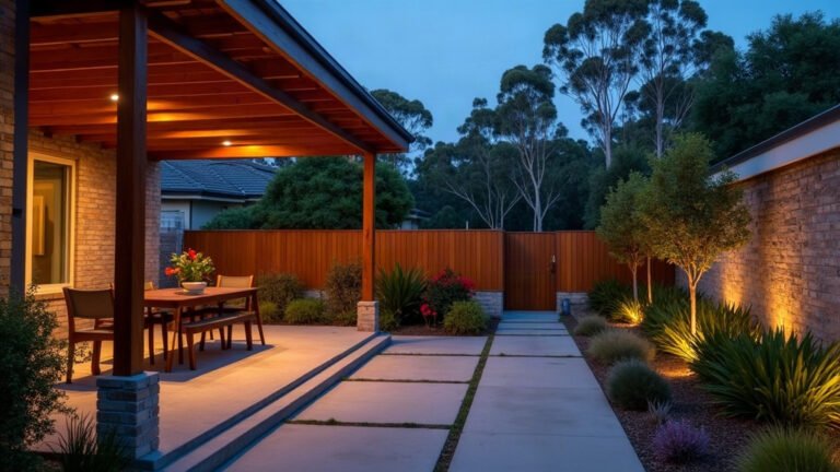 Australian backyard at dusk with a timber pergola over a concrete patio, warm garden uplights along a native planting bed and gum trees beyond a timber fence