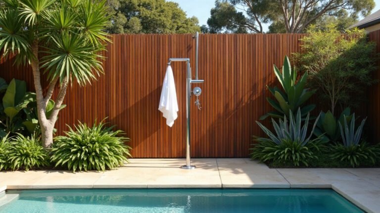 Stainless steel outdoor shower column on sandstone pavers beside a backyard pool, with a hardwood slat privacy screen, a towel on the shower arm and leafy plants behind